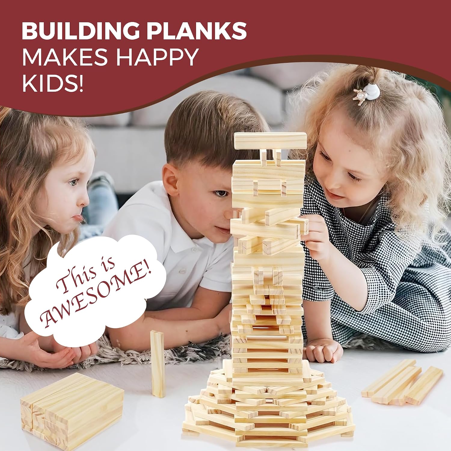 OWT Wooden Building Planks for Kids | 100 Piece STEM Construction Blocks Set for Creative Play | Educational Wood