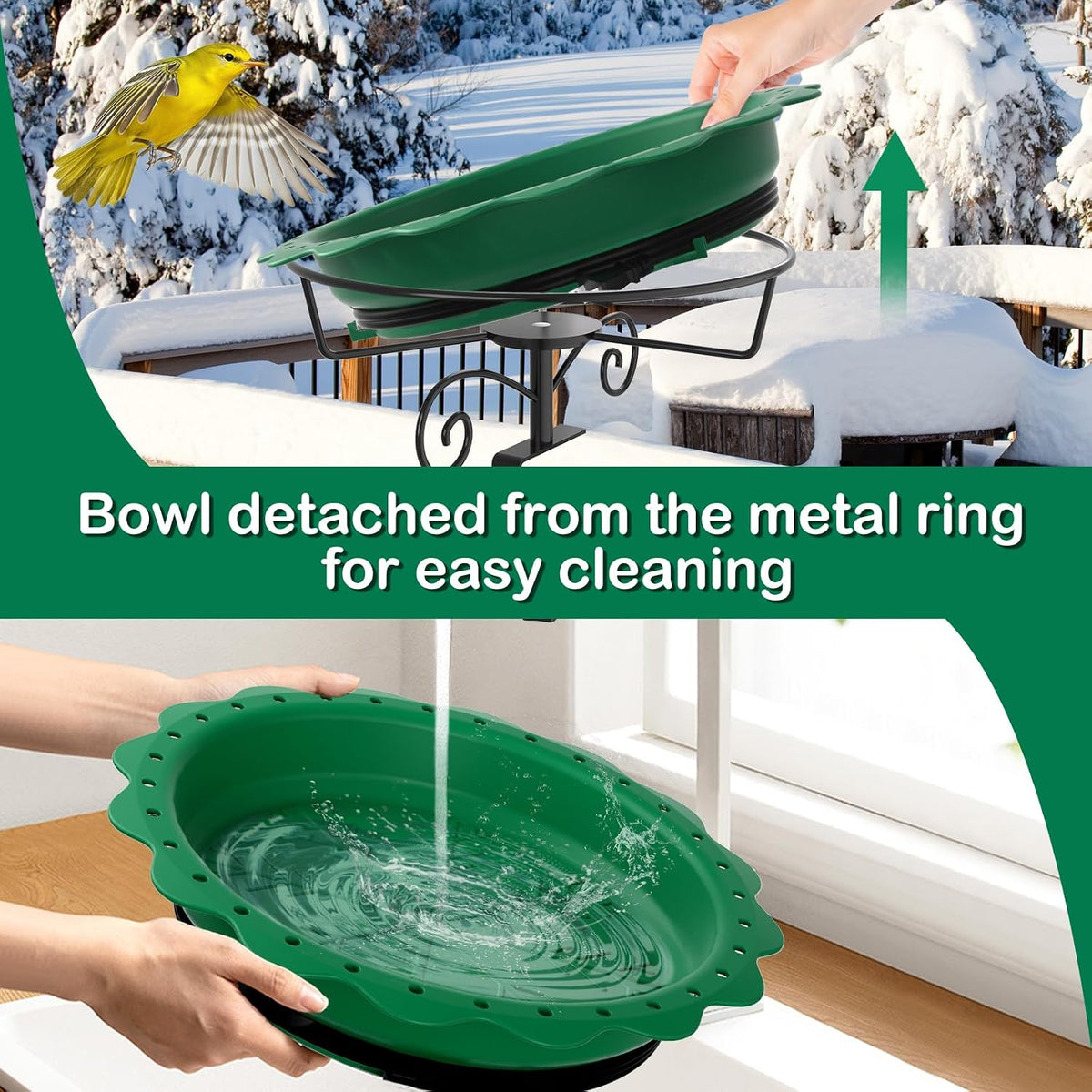 Heated Bird Bath for Deck Railing, 100W Heated Birdbath for Outdoors, Green