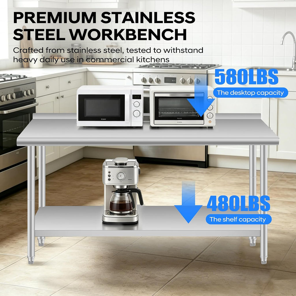 Stainless Steel Work Table with Backsplash, 24 x 60 Inch Prep Table