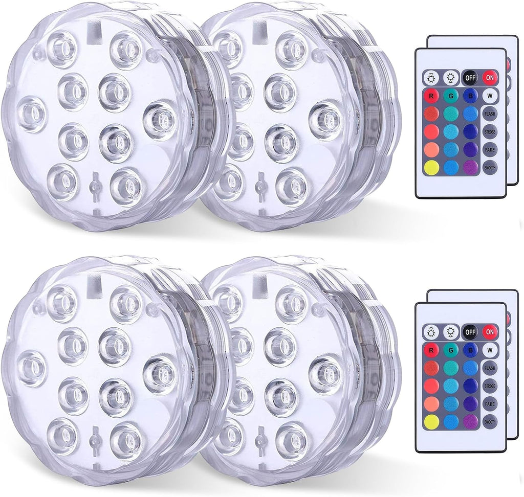 Submersible Pool Light w/Remote, 4-Pack IP68 Waterproof Battery Powered LED | RGB 16 Colors Changing Dimmable