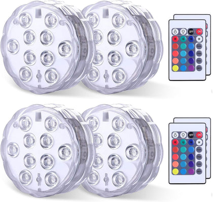 Submersible Pool Light w/Remote, 4-Pack IP68 Waterproof Battery Powered LED | RGB 16 Colors Changing Dimmable