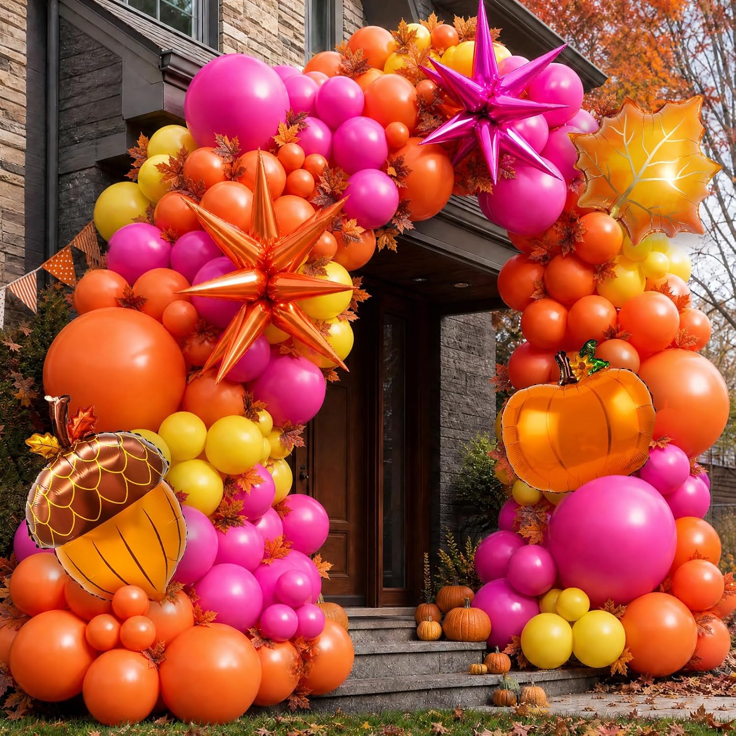 Fall Balloon Arch Kit – Thanksgiving Balloon Arch Kit | Hot Pink Orange Yellow Balloons Maple Leaf Star Foil Balloons