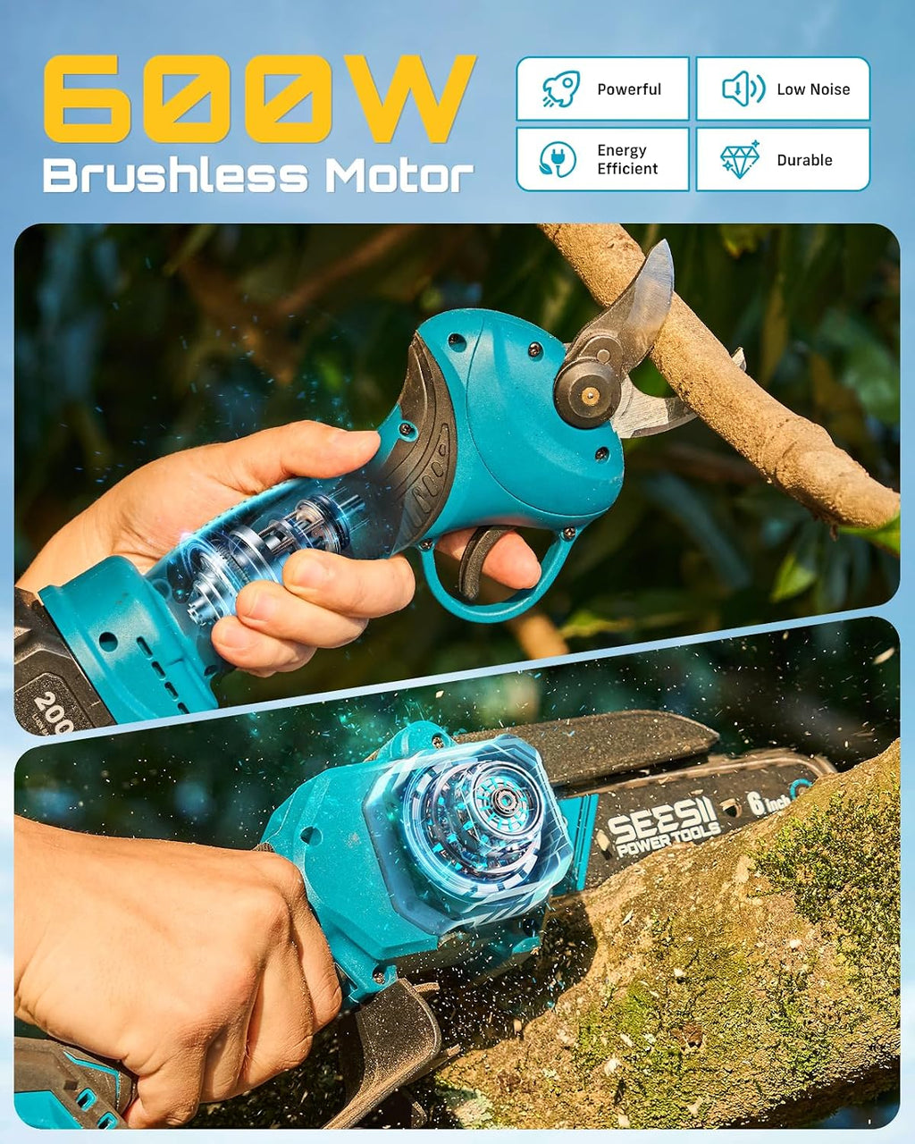2-in-1 Mini Chainsaw & Pruning Shears Combo, Brushless Motor | 6 Inch Cordless Chain Saw, 1.2" Electric Pruner with