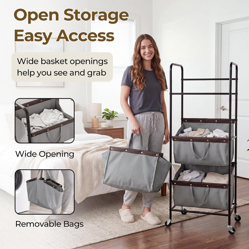 3 Tiered Laundry Sorter, Narrow Hamper Cart with Wheels | Sturdy 3 Section Laundry Basket with Wheels, Vertical Grey