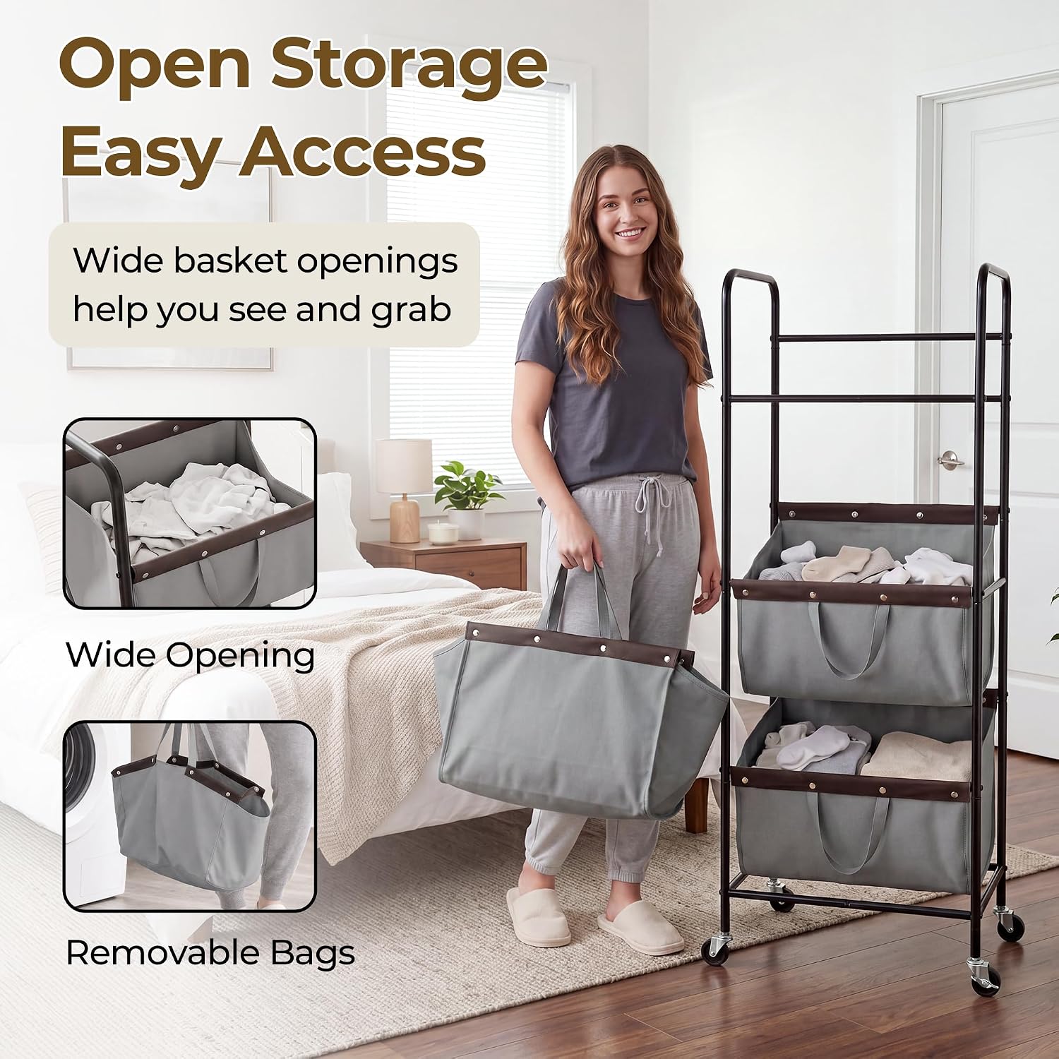 3 Tiered Laundry Sorter, Narrow Hamper Cart with Wheels | Sturdy 3 Section Laundry Basket with Wheels, Vertical Grey