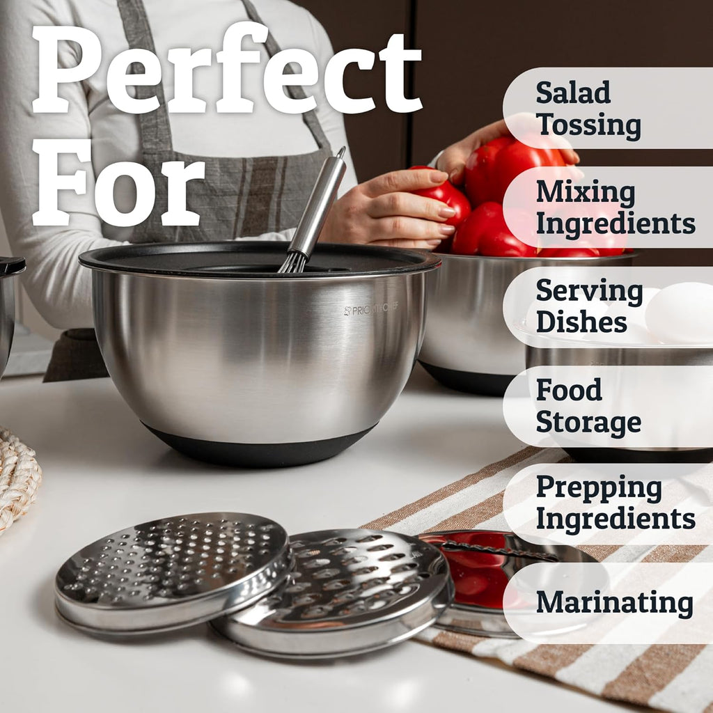 Stainless Steel Mixing Bowls with Lids Set, 3 Grater Attachments, Airtight Lids, Non-Slip Silicone Base Mixing Bowl