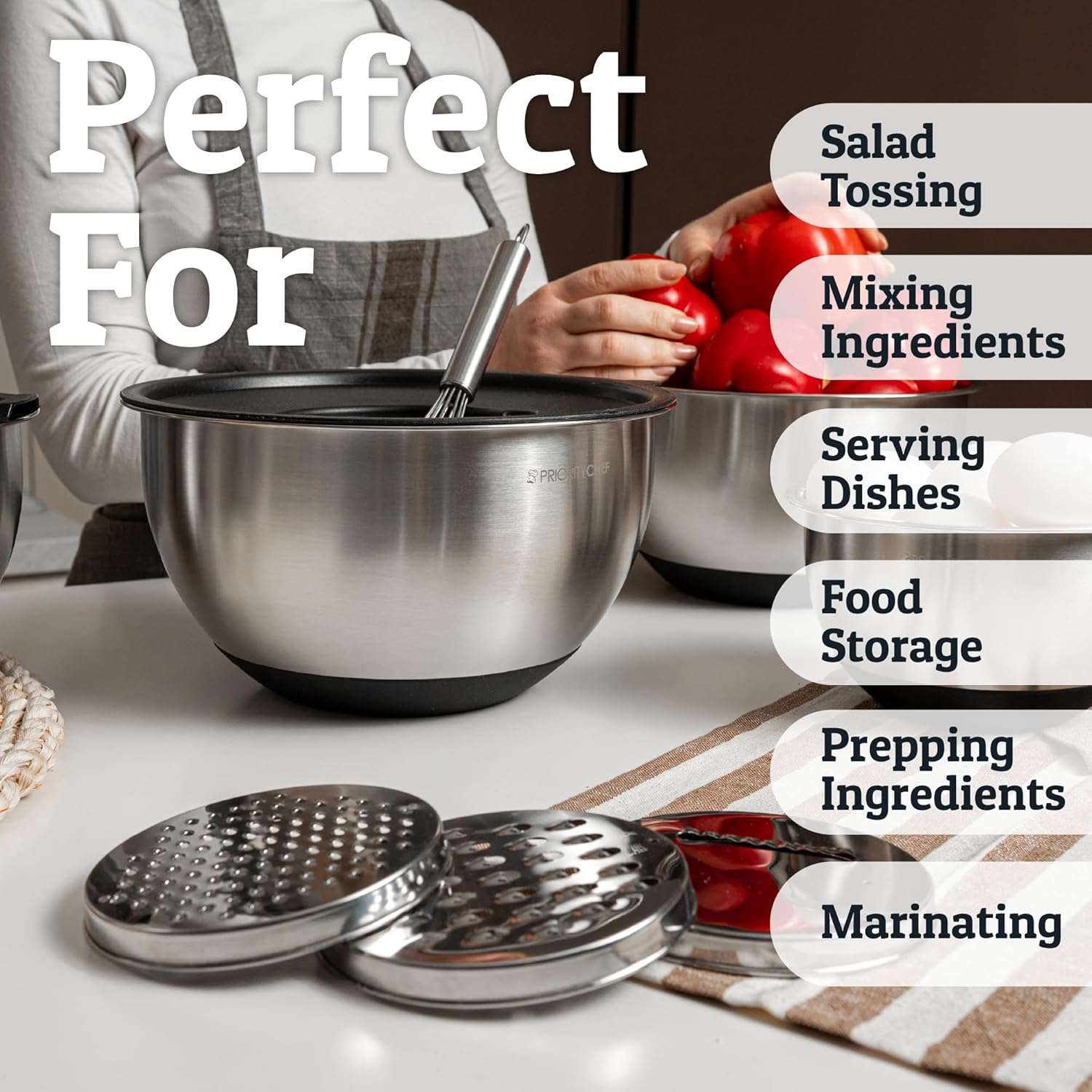 Stainless Steel Mixing Bowls with Lids Set, 3 Grater Attachments, Airtight Lids, Non-Slip Silicone Base Mixing Bowl