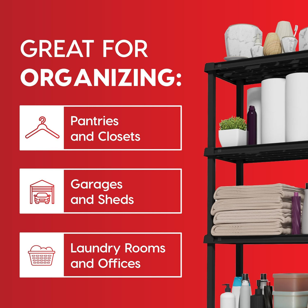 5-Shelf Light Duty Plastic Storage Shelves, 250lb Capacity, 64" H x 24" W x 12" D, Medium Modular Shelving Unit