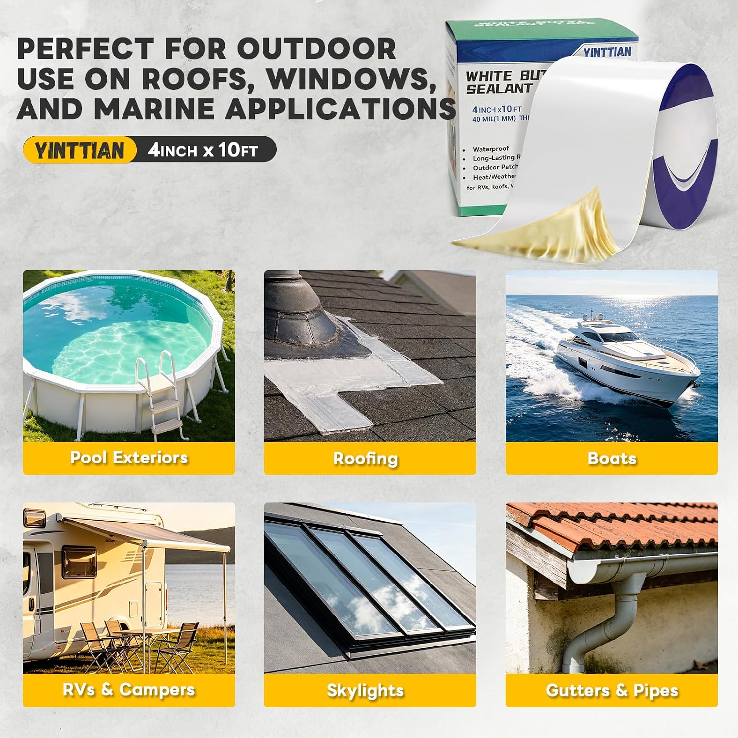 Waterproof White Butyl RV Roof Sealant Tape 4" x10', 40 mil Thick Patch