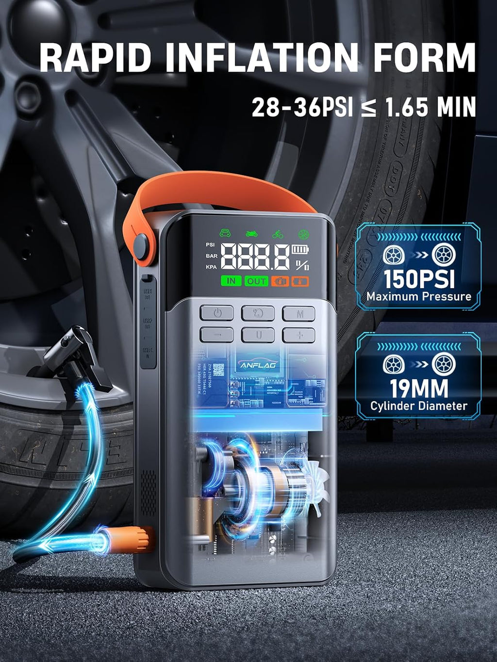 8-in-1 Car Jump Starter with Air Compressor – 5500A Peak, 150PSI Tire Inflator, 12V Portable Power Bank, LCD Display