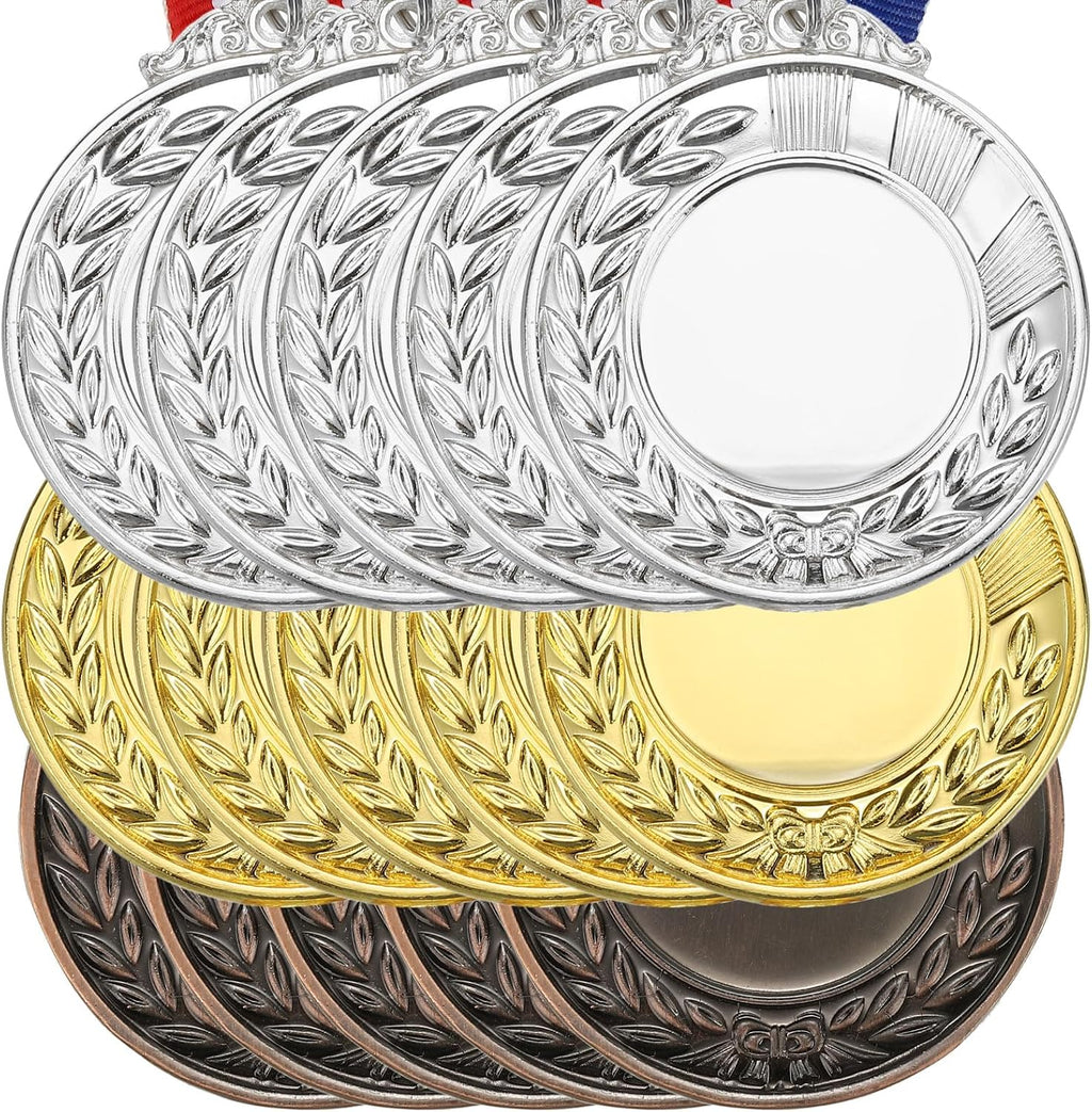 Blank Award Medals Gold Silver Bronze Award Medal Neck Ribbon 15Pcs | Make Your Kit, Winner Prize for Sports Games