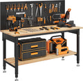 60" Work Bench with Storage & Pegboard, 2000LBS Max Load, Storage Shelf & Power Strip
