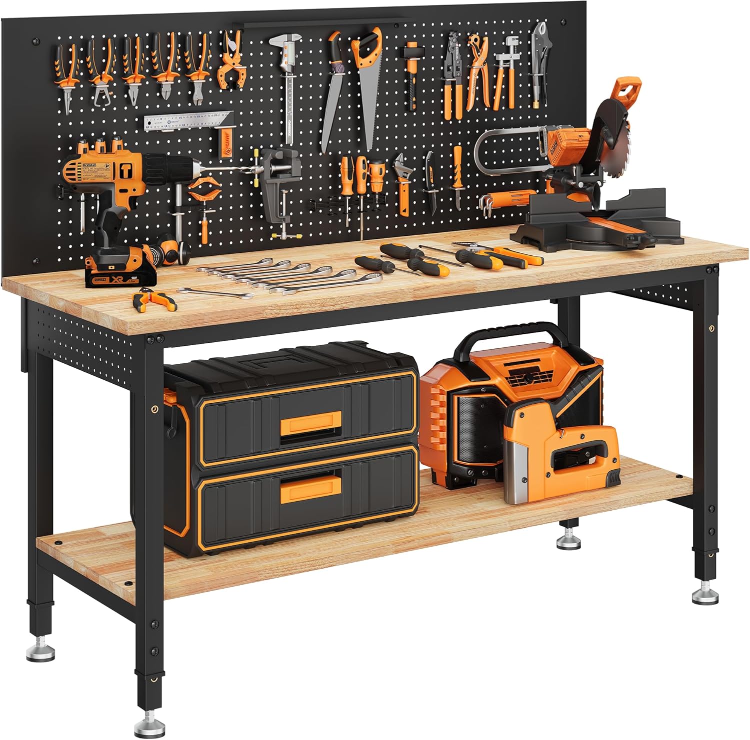 60" Work Bench with Storage & Pegboard, 2000LBS Max Load, Storage Shelf & Power Strip