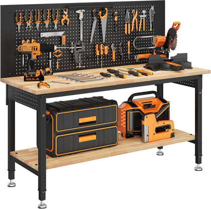 60" Work Bench with Storage & Pegboard, 2000LBS Max Load, Storage Shelf & Power Strip