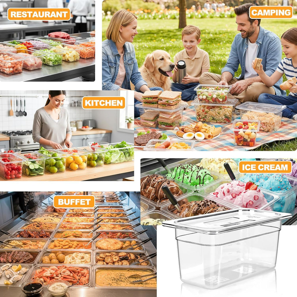 6-Pack 1/3 Size 6''Deep NSF Polycarbonate Food Pans with Lids