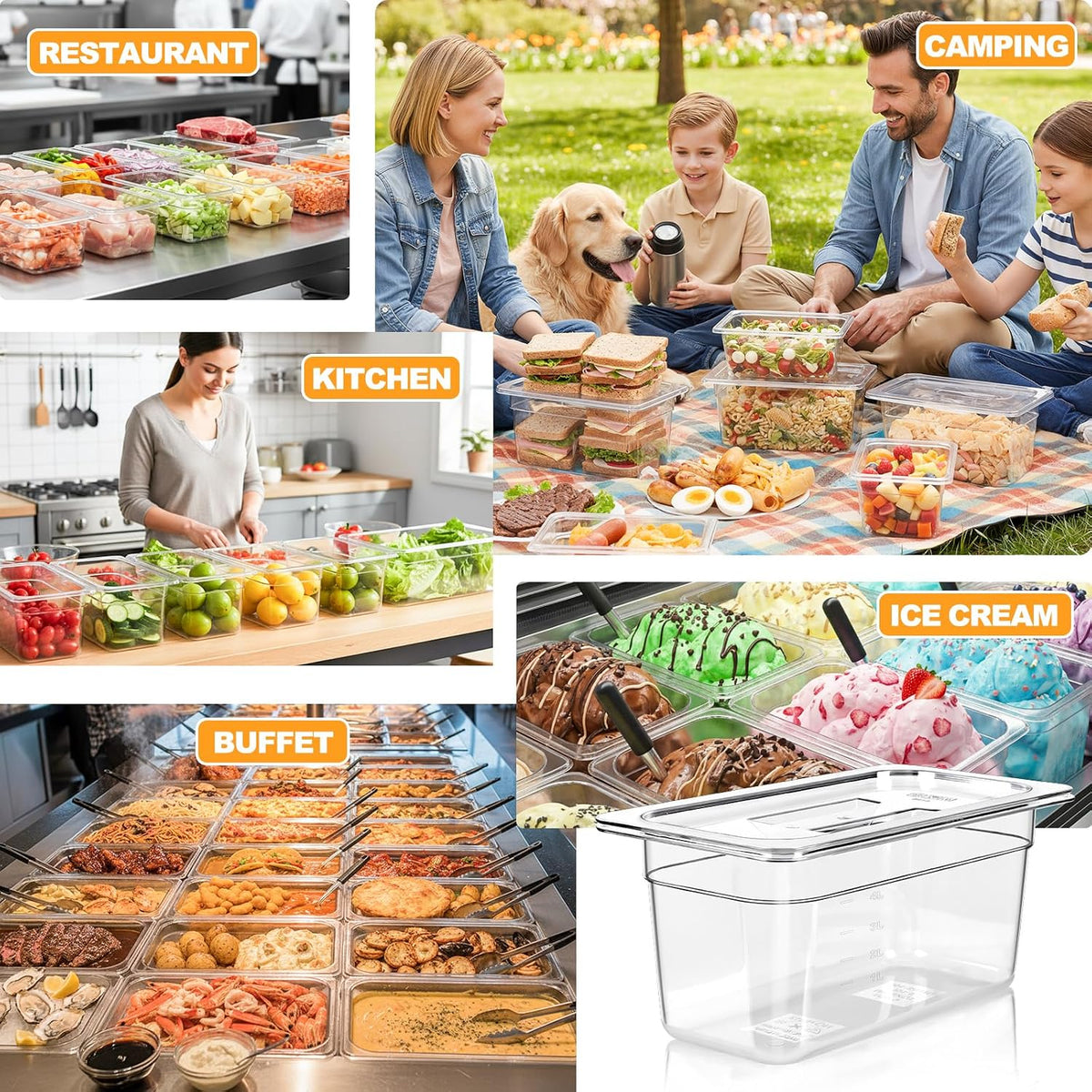 6-Pack 1/3 Size 6''Deep NSF Polycarbonate Food Pans with Lids