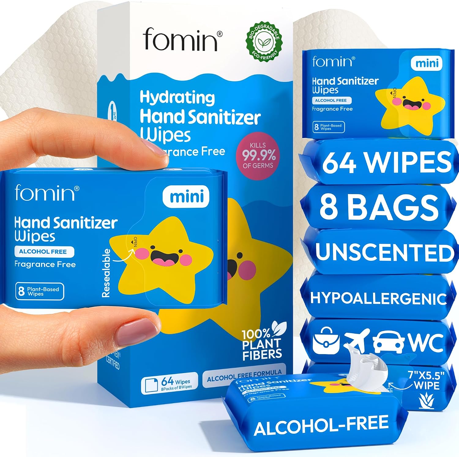 Hand Sanitizer Wipes 8 Pack (8 Count) - Fragrance Free Hand Sanitizer Travel Size - pH Balanced, Biodegradable On The