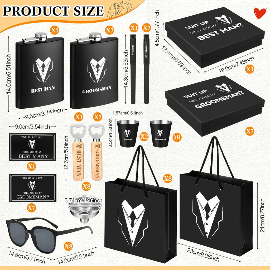 80 Pcs Groomsmen Gifts Set of 8, Groomsmen Proposal Gift Set, 8 Flask and 16 Stainless Steel Shot Glass 8 Wood Bottle
