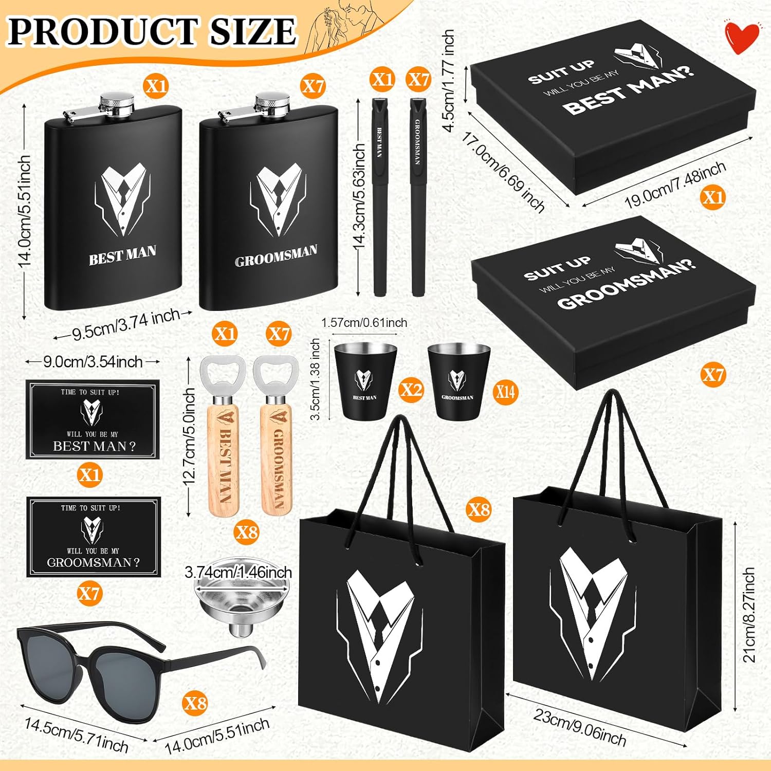 80 Pcs Groomsmen Gifts Set of 8, Groomsmen Proposal Gift Set, 8 Flask and 16 Stainless Steel Shot Glass 8 Wood Bottle