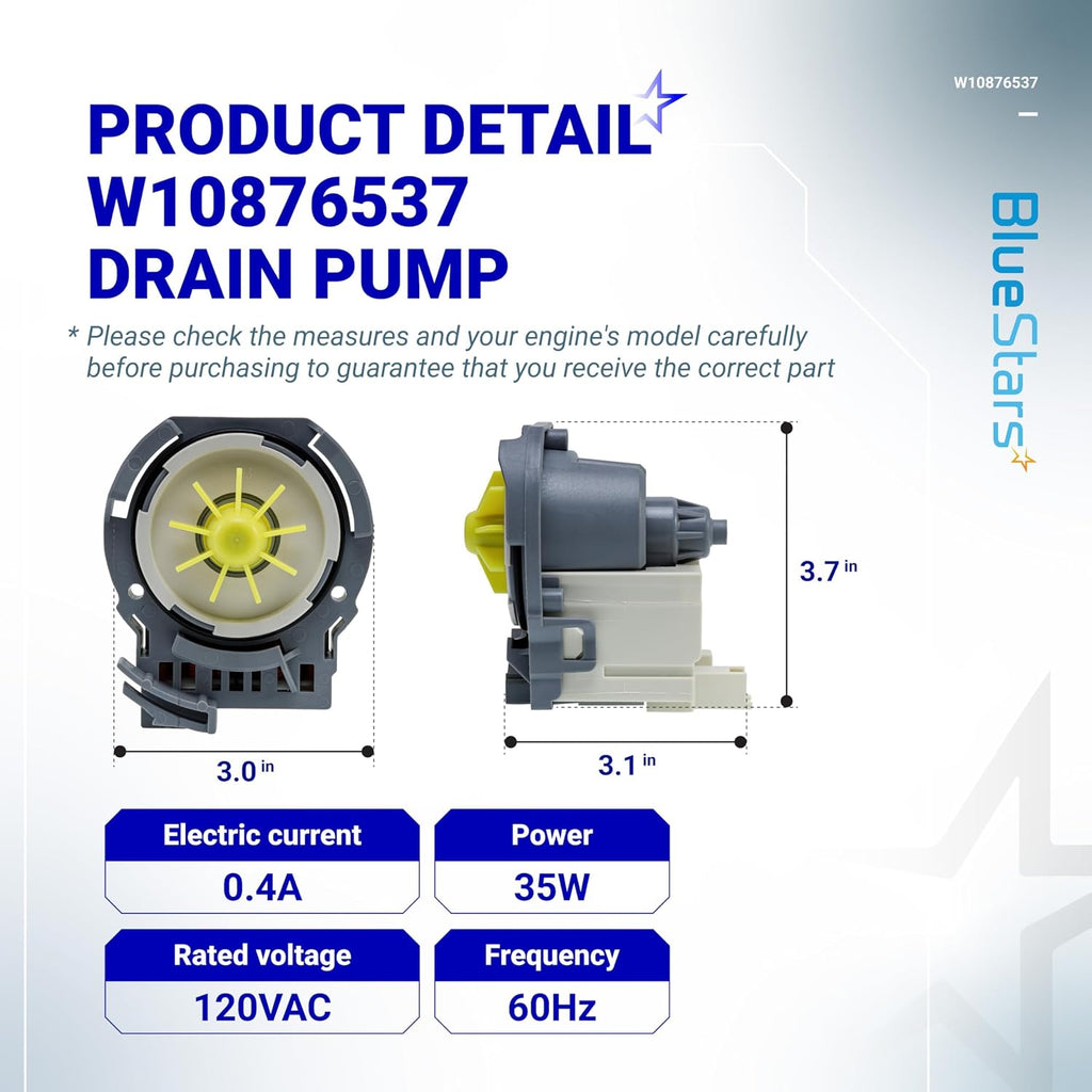 [Upgrade] BlueStars W10876537 W10724439 Dishwasher Drain Pump for Whirlpool