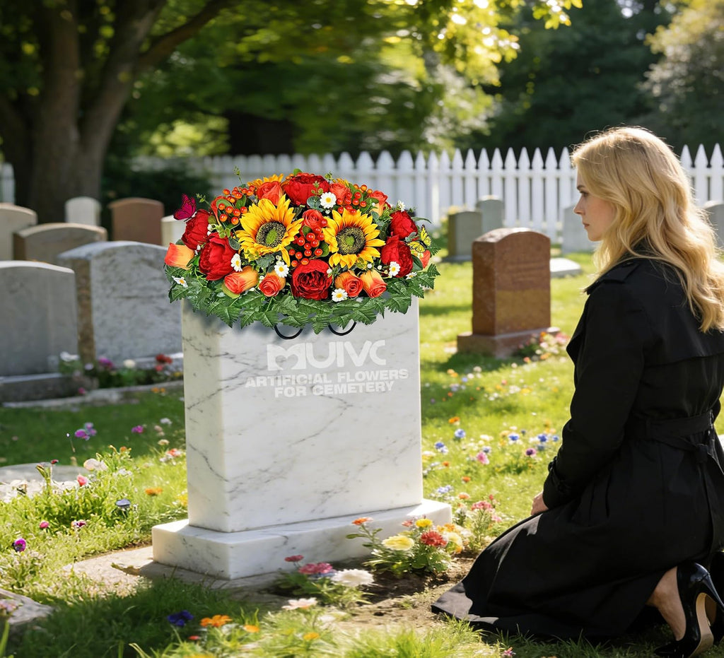 Artificial Cemetery Flowers for Outdoor Grave Decorations - Sympathy Headstone Flower Saddle - Realistic Sunflower Rose