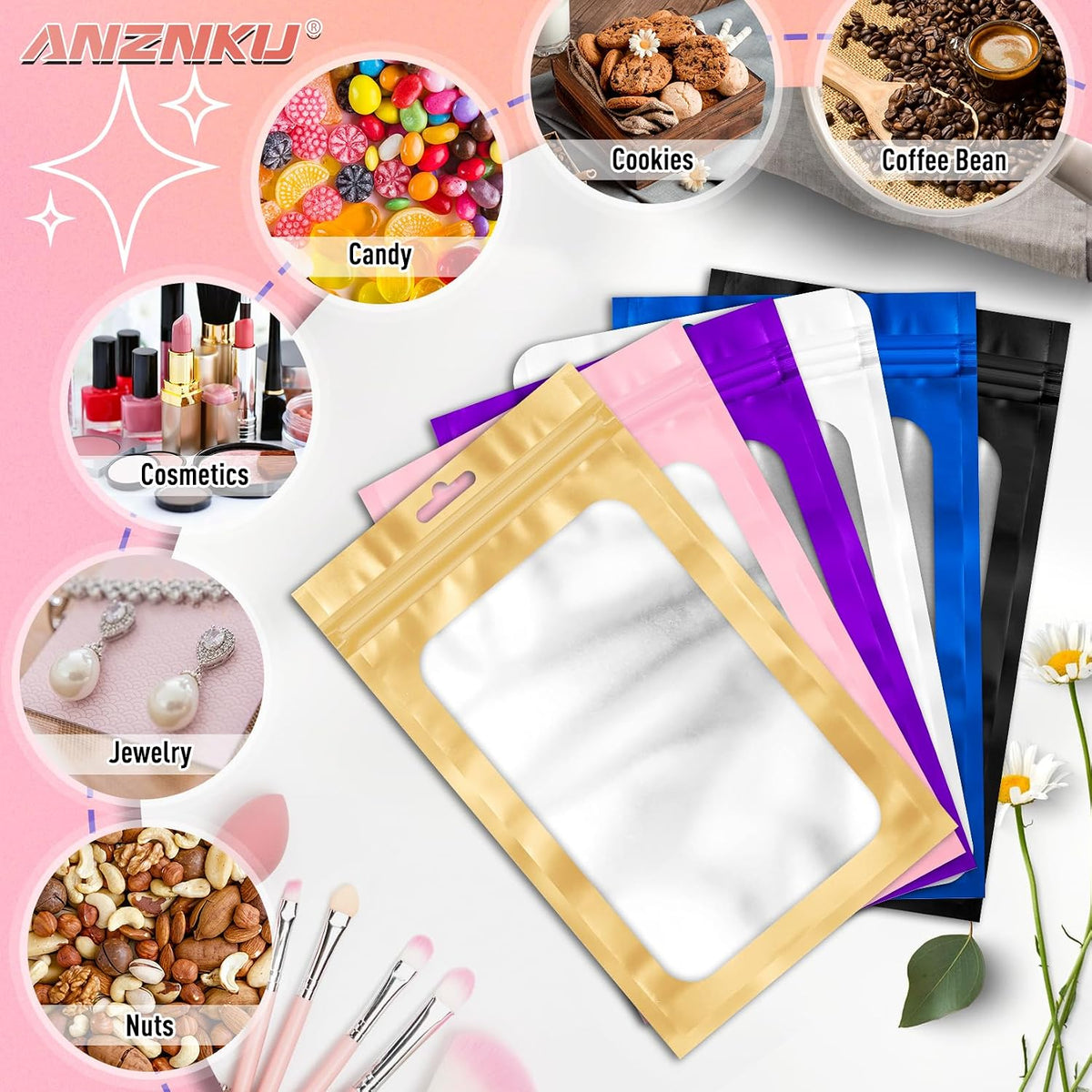 300 Pcs Mylar Bags 3 Size, White Resealable Smell Proof Bag Sealable