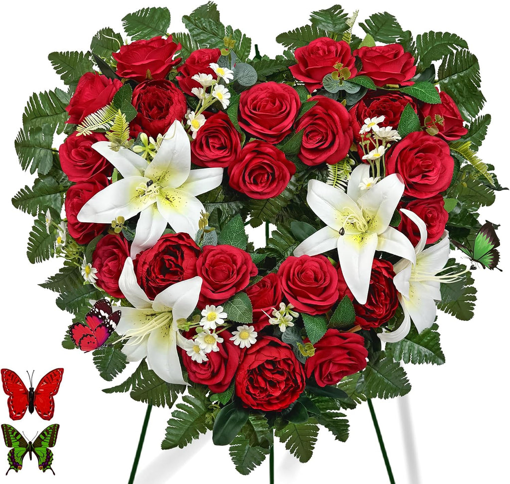 Cemetery Flower - Ebullient Remembrance Standing Heart, Grave Wreath with Easel Stand,Memorial Floral-Red Rose