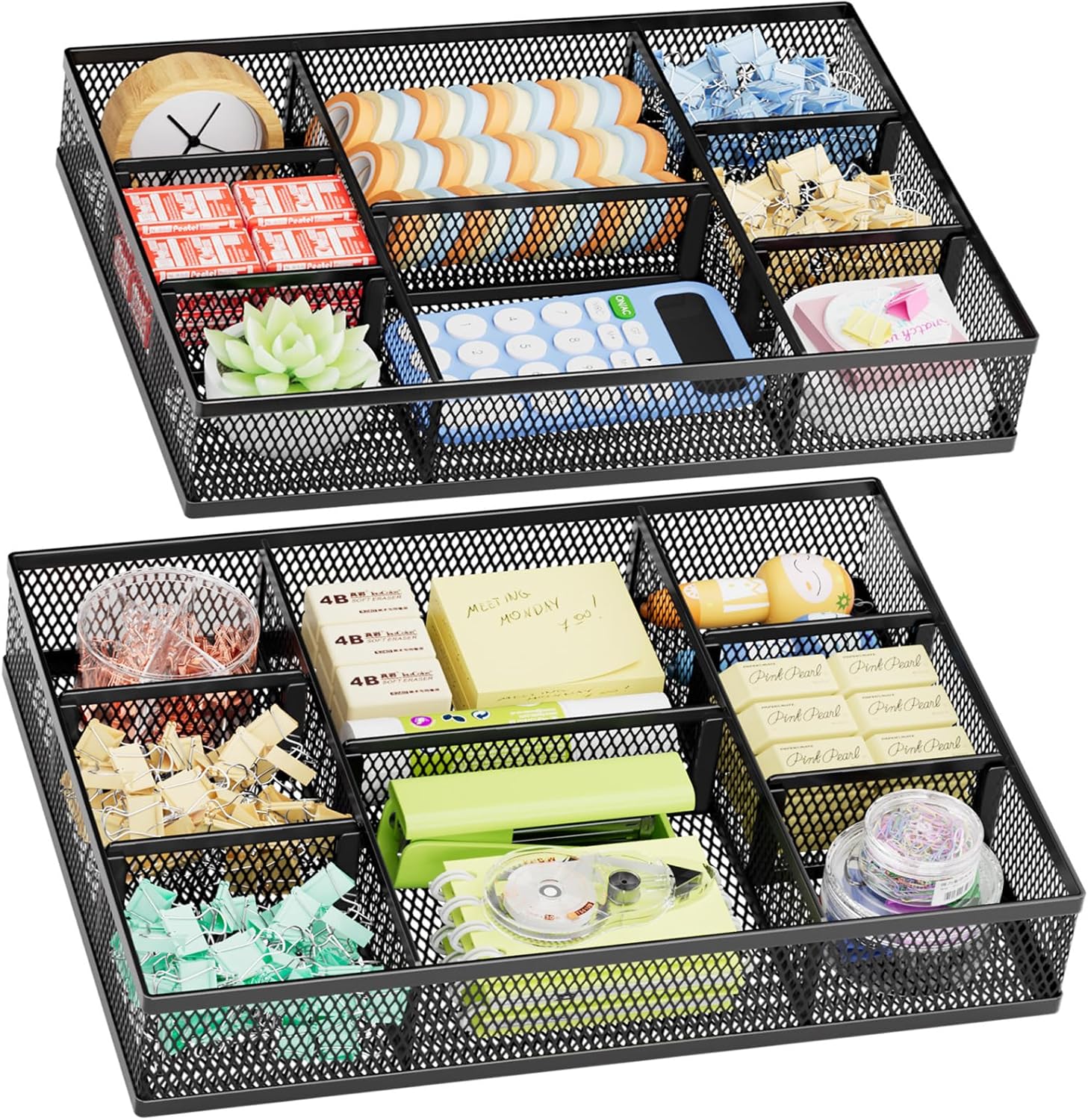 2 Pack Desk Drawer Organizer, Mesh Drawer Organizer Tray with 8 Adjustable Compartments, Desk Organizers and