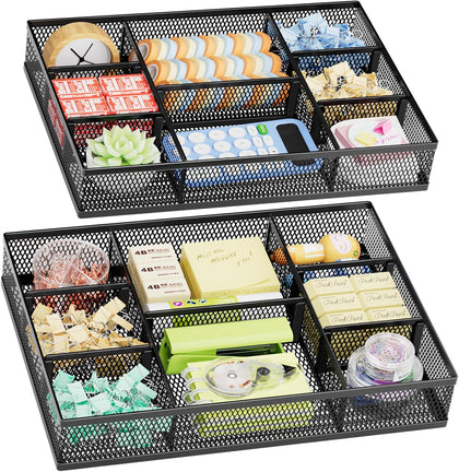 2 Pack Desk Drawer Organizer, Mesh Drawer Organizer Tray with 8 Adjustable Compartments, Desk Organizers and