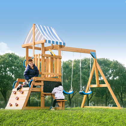 Wooden Swing Set for Backyard, All-in-One Kids Outdoor Play Equipment with Swings, Slide, Climbing Rope Ladder