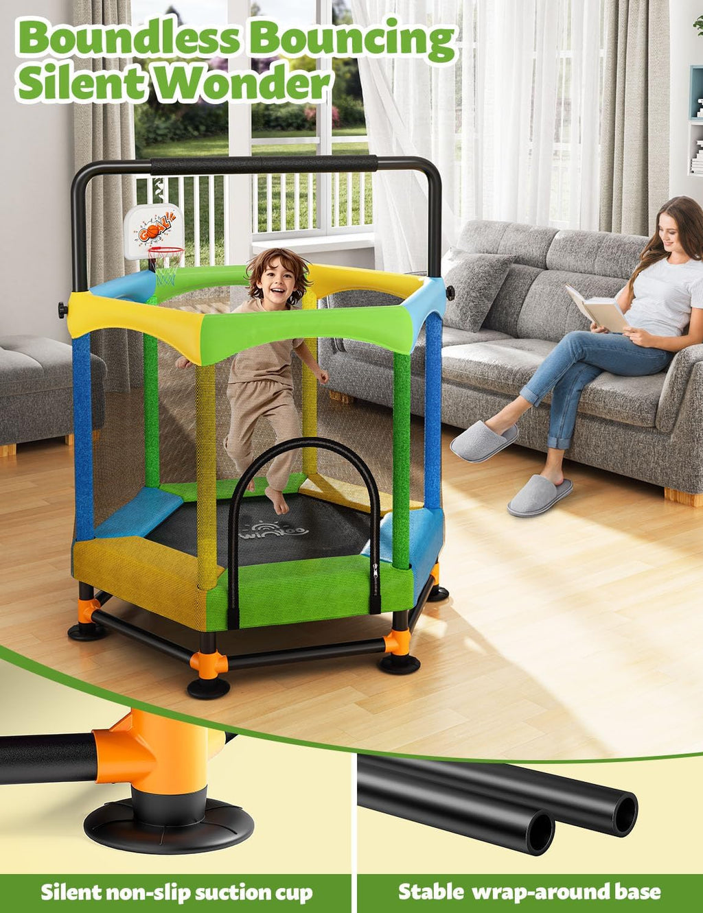 Toddler Trampoline for Kids with Foam Handle, Anti-Tilt Frame & Thick Padded Spring Cover, Indoor Outdoor Mini