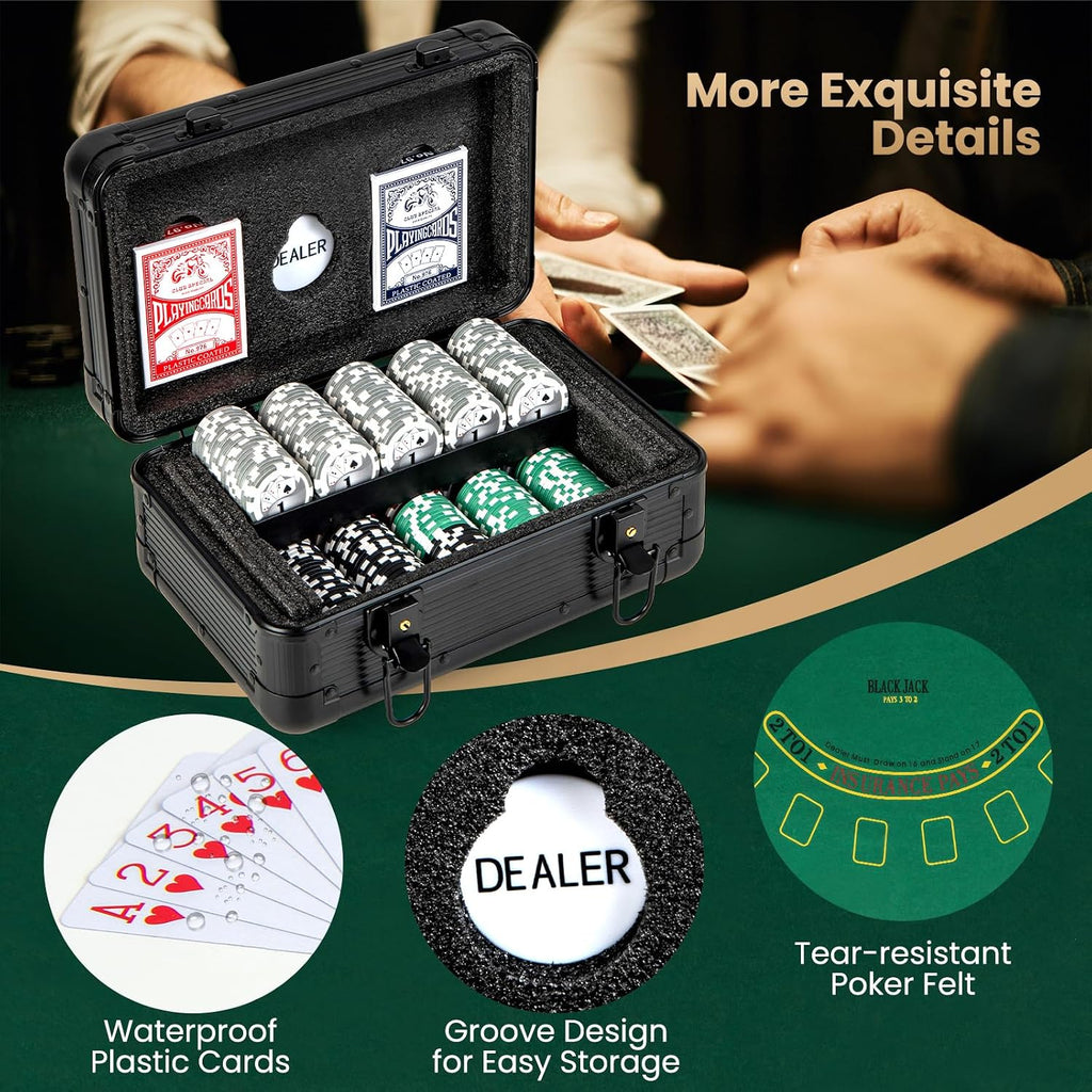 Poker Chip Set, 300 PCS Chips, 2 Decks Cards, Dealer Button, Poker Felt, Aluminum Case for Texas Holdem, Casino