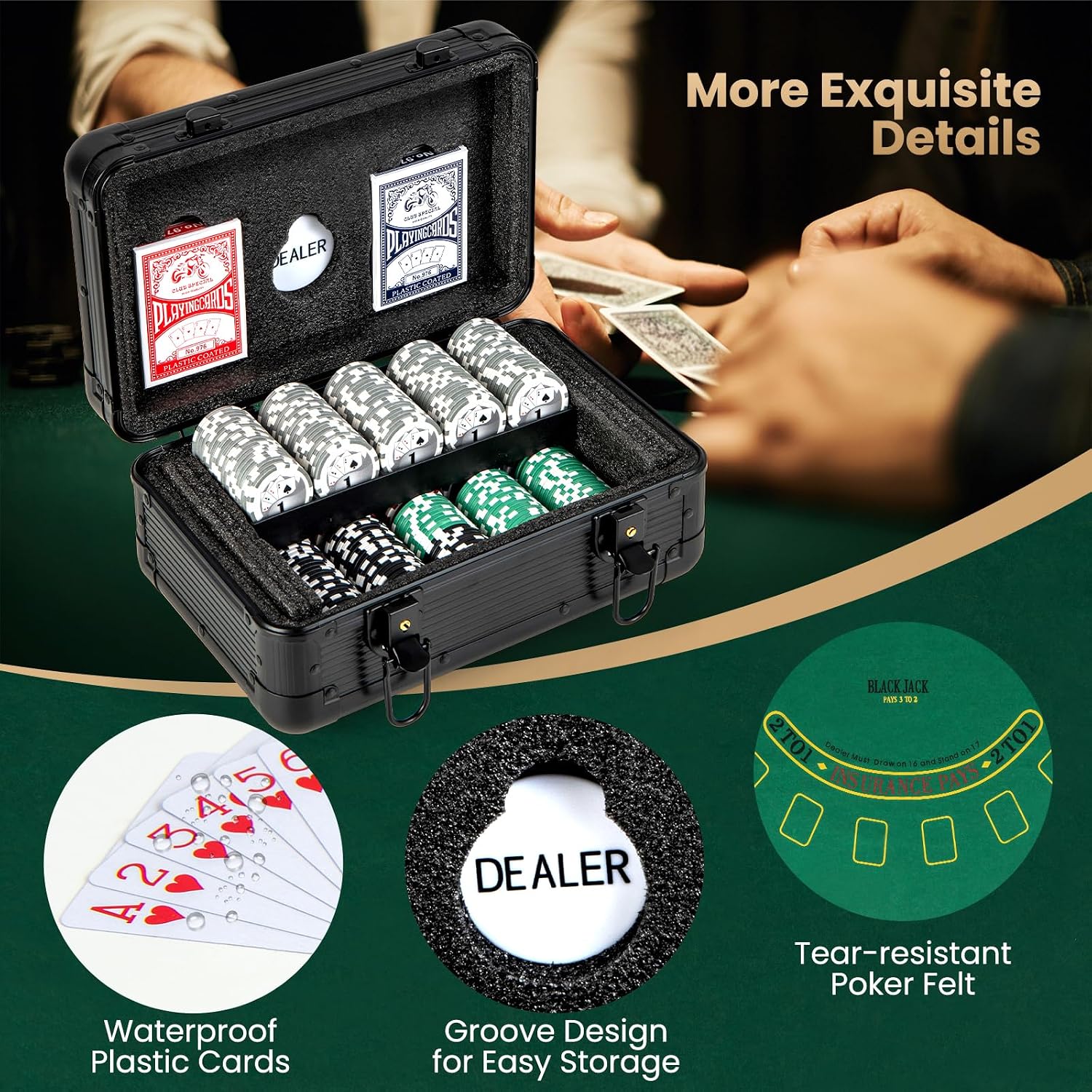 Poker Chip Set, 300 PCS Chips, 2 Decks Cards, Dealer Button, Poker Felt, Aluminum Case for Texas Holdem, Casino
