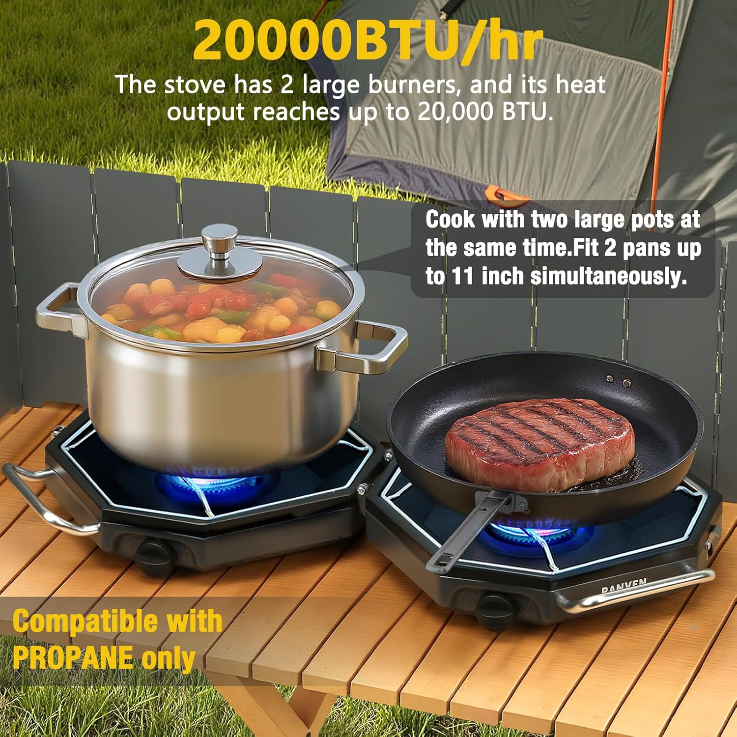 2 Burner Camping Stove, 20,000 BTU Propane Camp Stove with Wiandscreen | Foldable Portable Design with Storage Bag