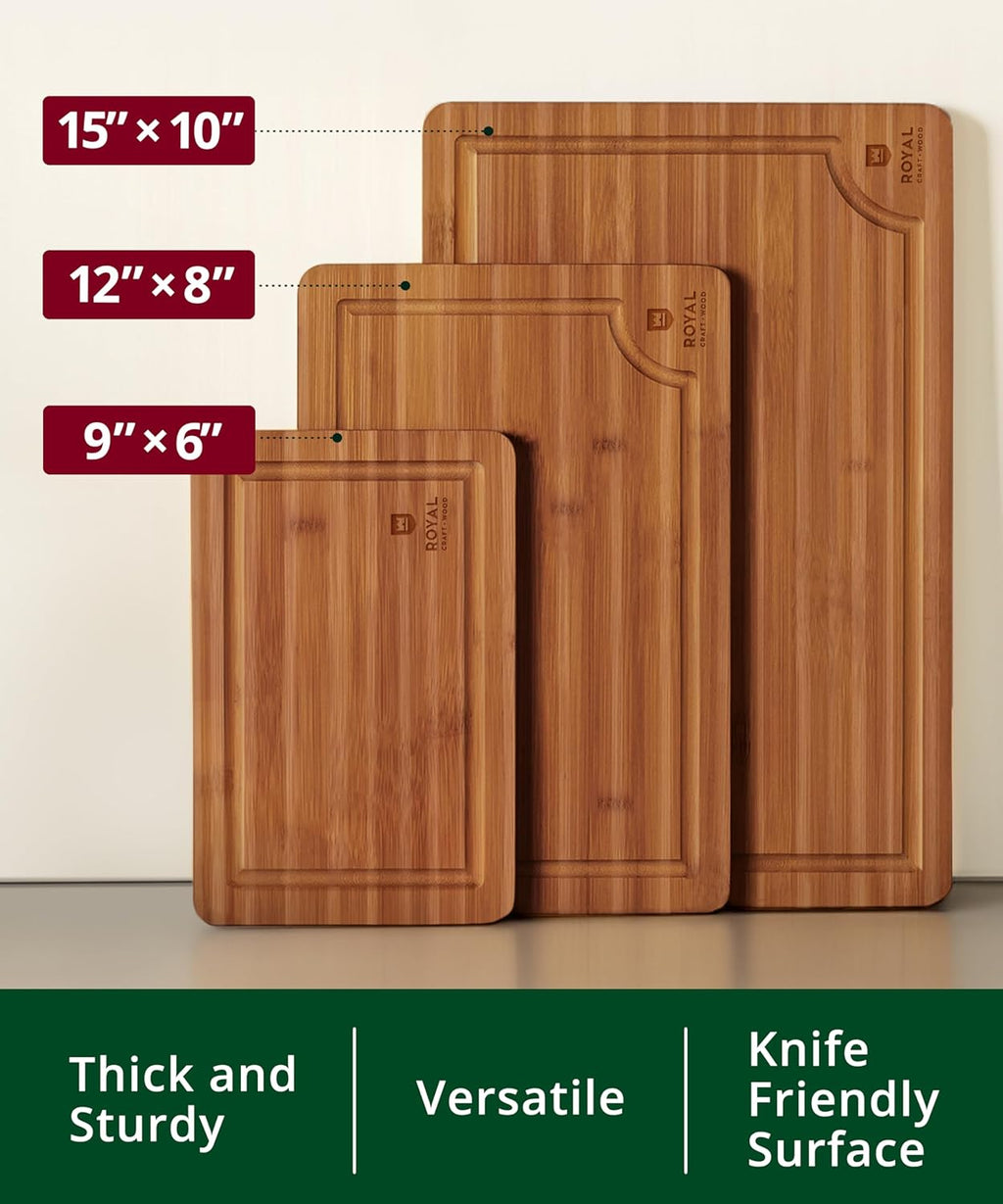 Wooden Cutting Boards for Kitchen Meal Prep & Serving - Non Toxic Bamboo Wood Cutting Board Set with Deep Juice