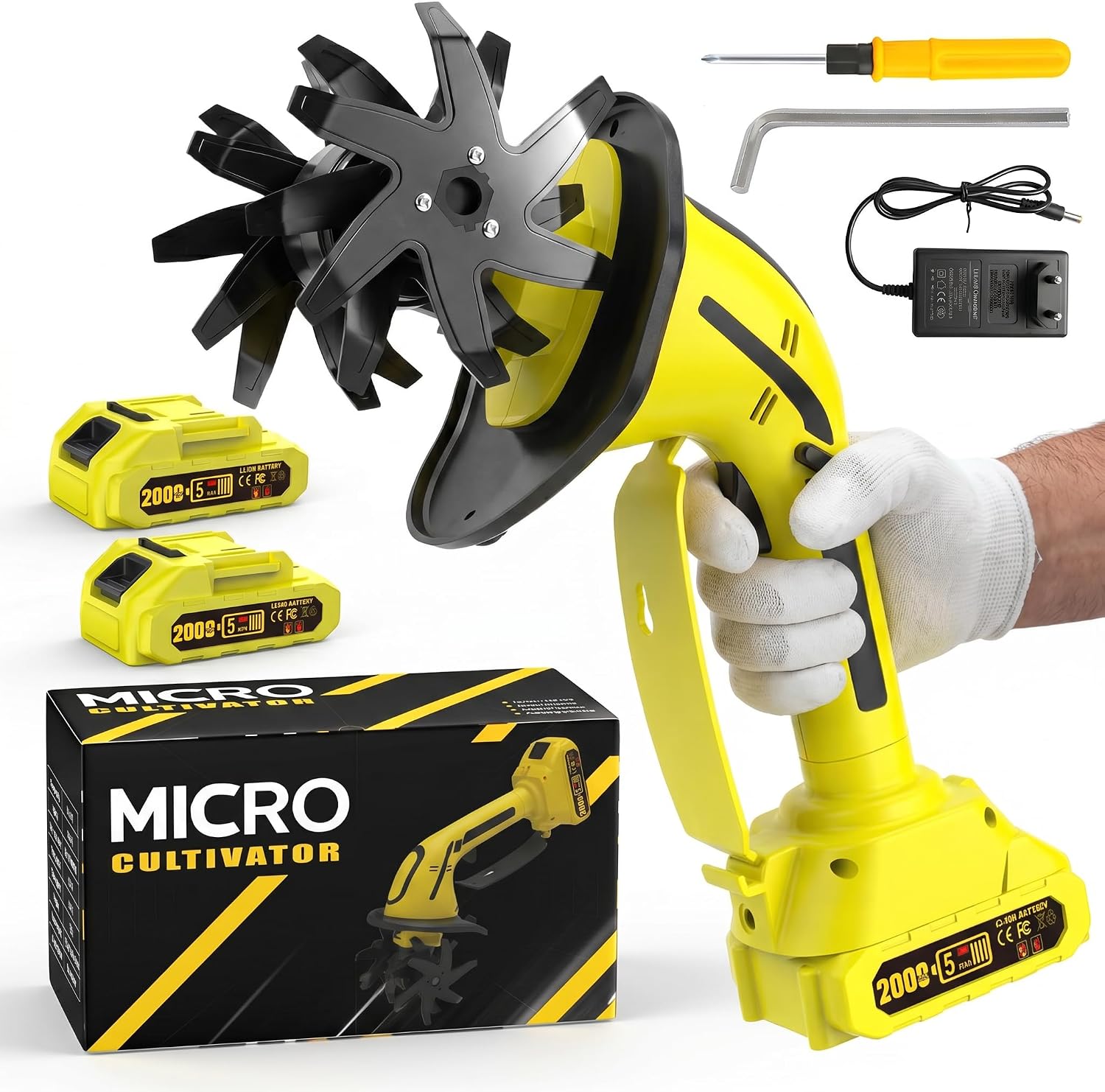 Cordless Tiller Cultivator, 235RPM Electric Hand Tiller with 2×2.0Ah Batteries, 4" Tilling Width & Depth, Powerful