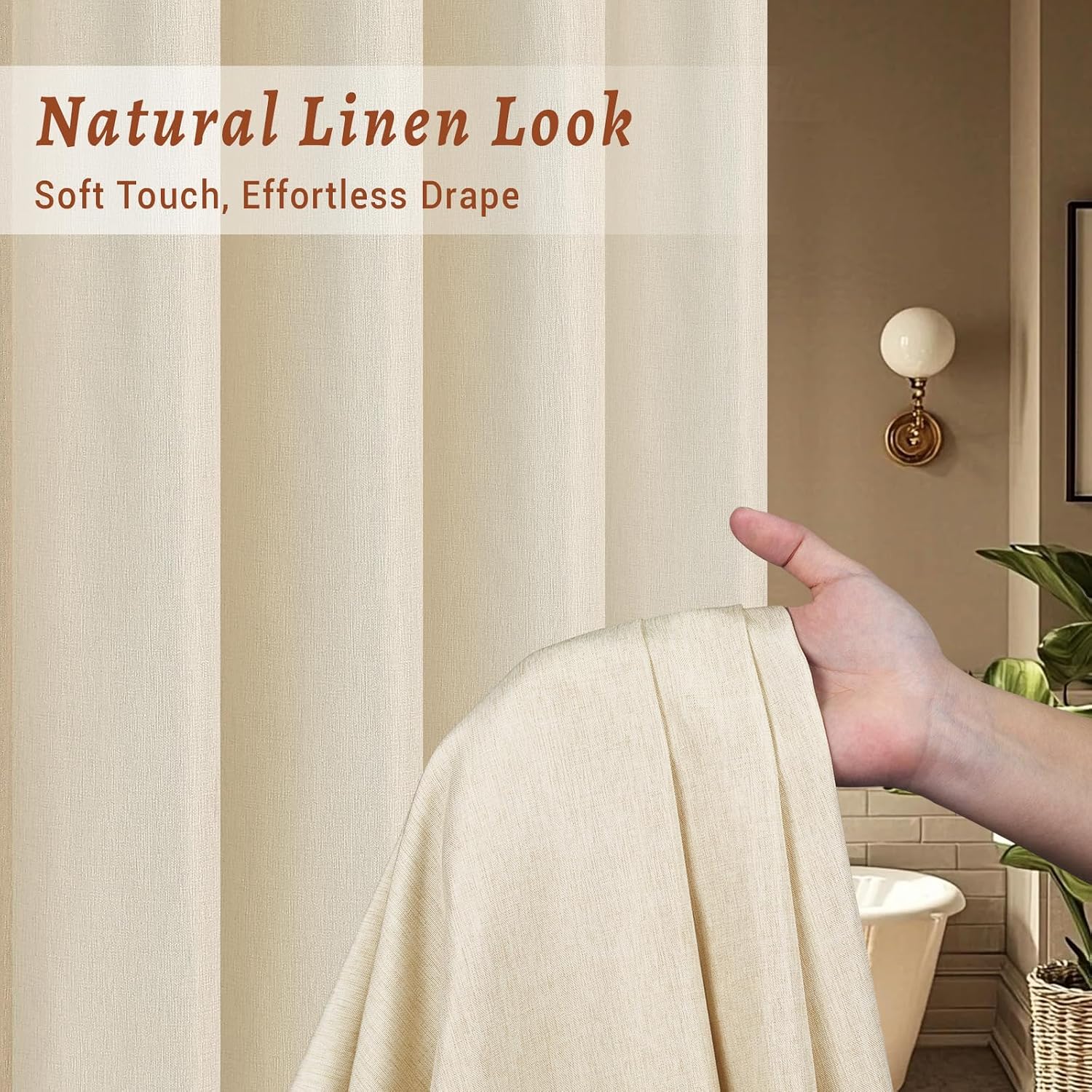 No Hook Shower Curtain and Liner, Linen-Look Polyester Textured Shower Curtain with Snap in Liner, Waterproof &