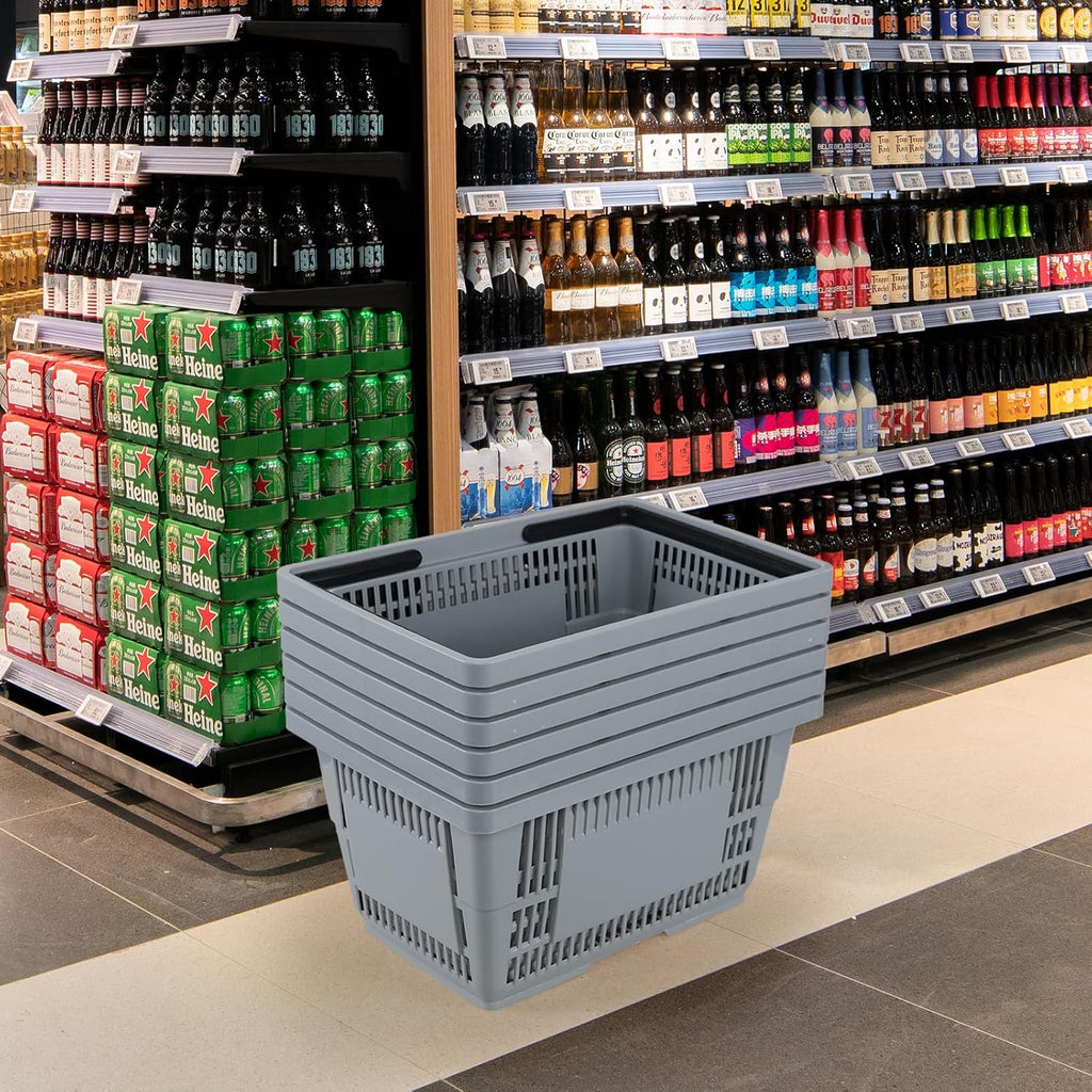 6 Pcs Shopping Baskets with Handles, 28 L Grocery Basket, Gray | Sturdy Ventilated Plastic Structure, Comfort