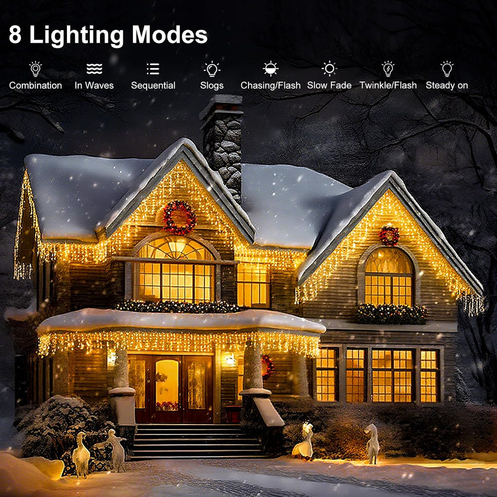 Icicle LED Christmas Lights Outdoor , 520 LED 49.2FT 8 Modes with 80 Drops Warm White Icicle Lights,Remote Control