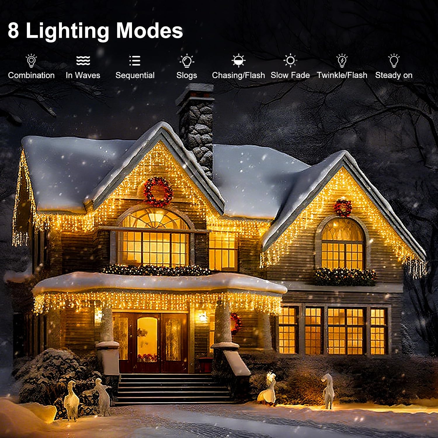 Icicle LED Christmas Lights Outdoor , 520 LED 49.2FT 8 Modes with 80 Drops Warm White Icicle Lights,Remote Control