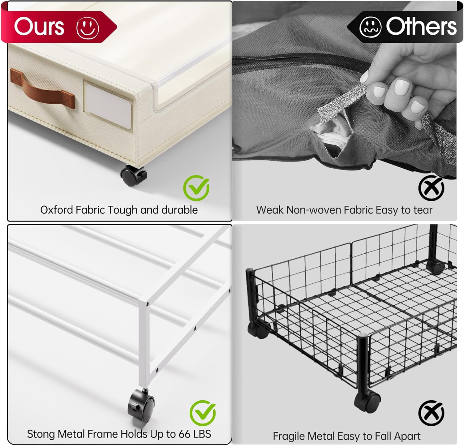 Under Bed Storage with Wheels, 2 Pack Under Bed Storage Containers, 60L Underbed Shoe Storage with Clear Window &