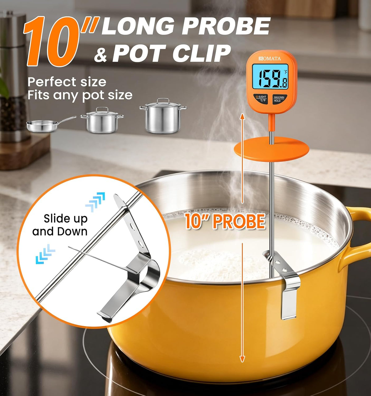 Digital Candy Thermometer with Pot Clip, 10" Probe, IPX6 Waterproof