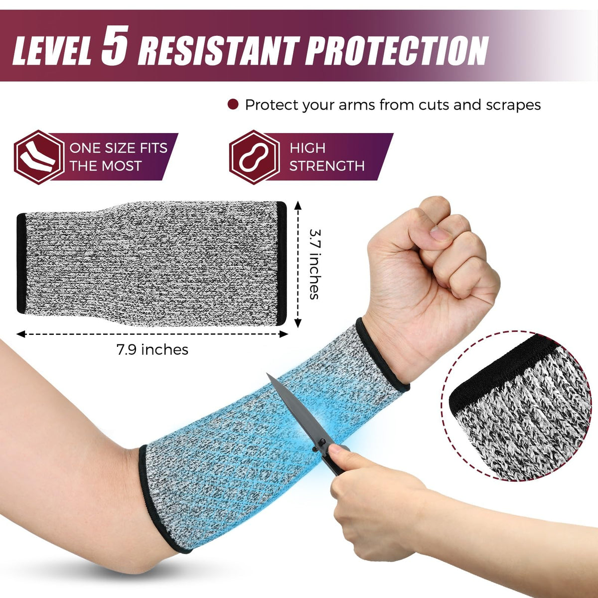 2 Pairs Cut Resistant Sleeve Level 5 8.6 x 3.7 Inches, Gray, Pink