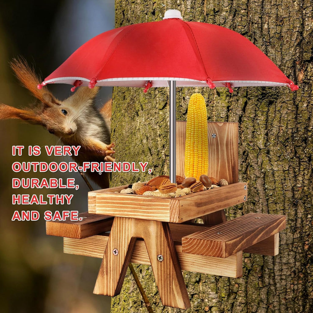 Gnodary Squirrel Feeder with Umbrella, Squirrel Feeders for Outside, Squirrel Picnic Table Feeder - Chipmunk Feeder