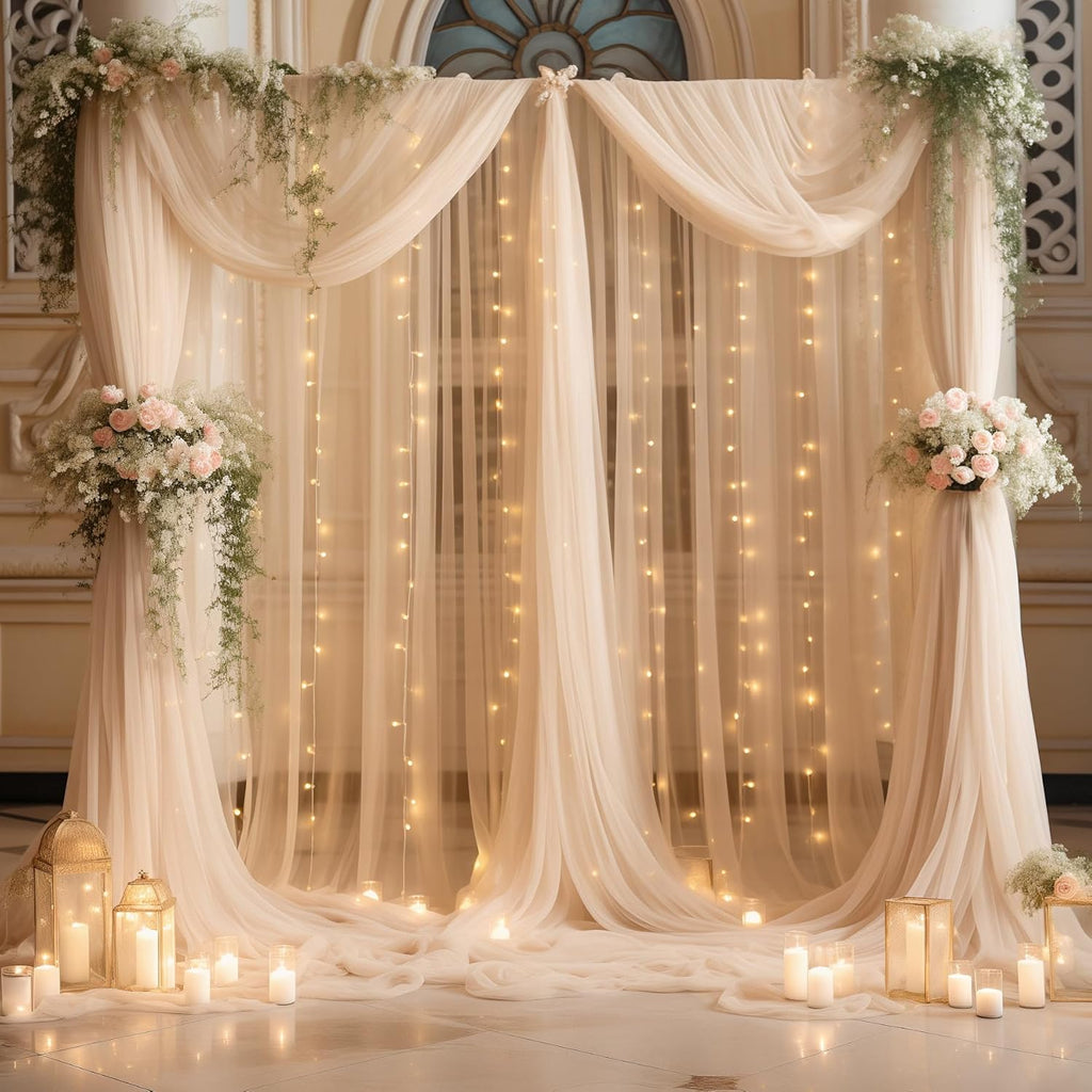 10ft x 10ft Champagne Backdrop Curtain with Lights String for Parties, Sheer Wedding Photo Backdrops Drapes for Baby