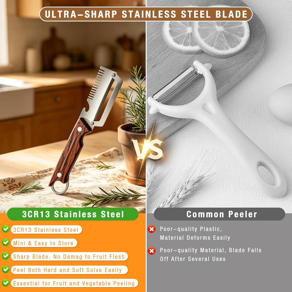 Multifunctional Vegetable Peeler, 2026 New 3-1 Stainless Steel Peeler with Wooden Handle & Bottle Opener, Kitchen