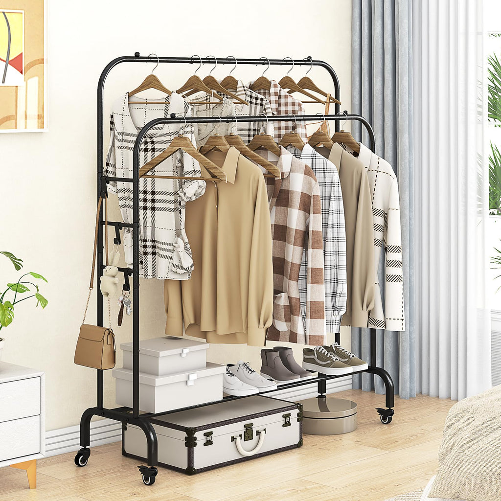 Clothes Rack with Lockable Wheels Double Rods Metal Garment Racks