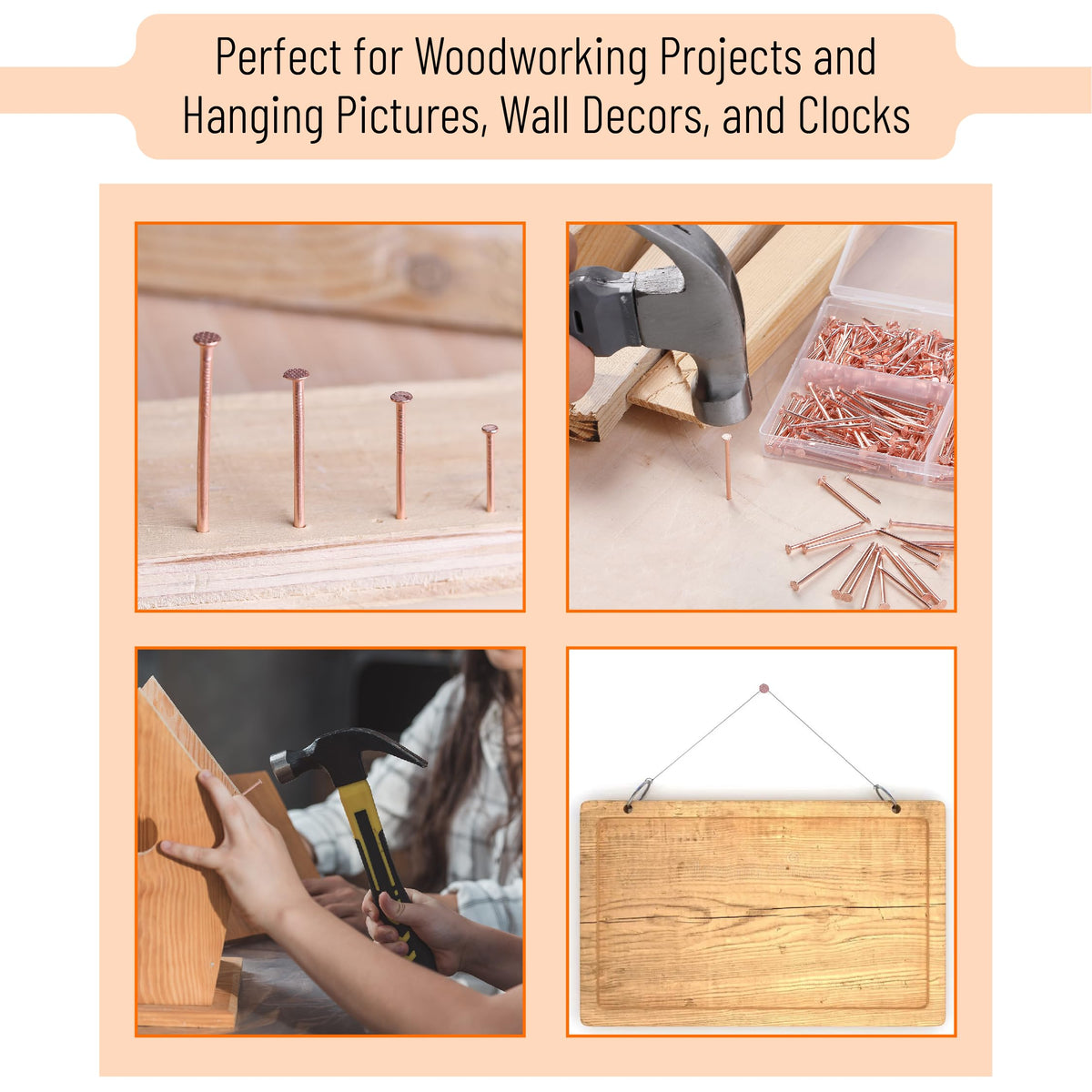 Nail Assortment Kit, 600 Pcs, 4 Sizes, Rose Gold Picture Hangers