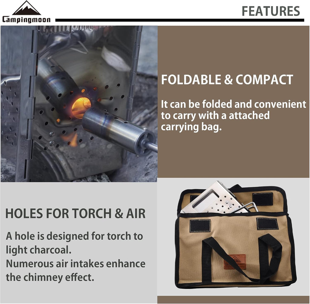 CAMPINGMOON Foldable Collapsible Charcoal Chimney Starter Barbecue BBQ Camping Grill Stainless Steel MT-19