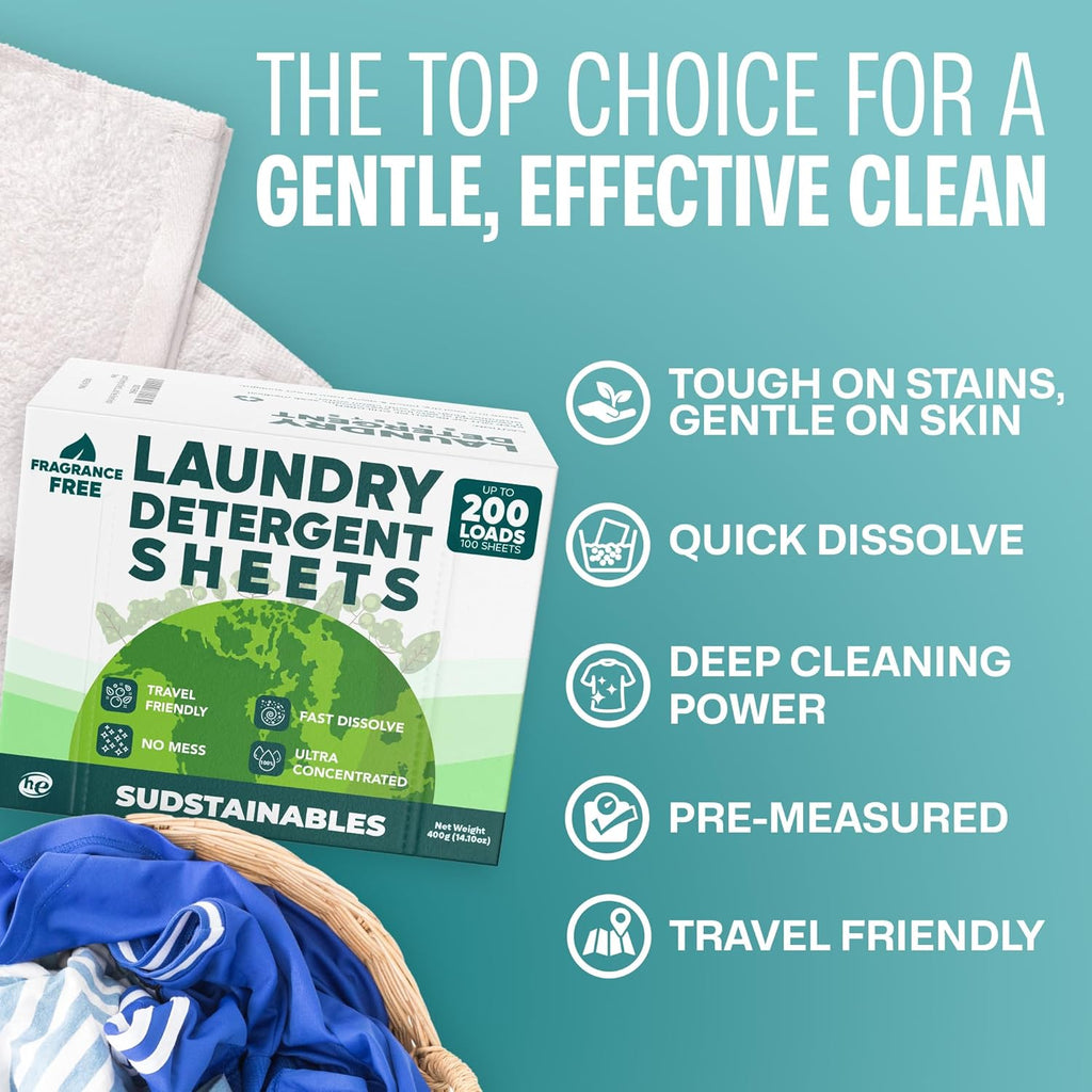 Laundry Detergent Sheets, Fragrance Free, 200 Loads